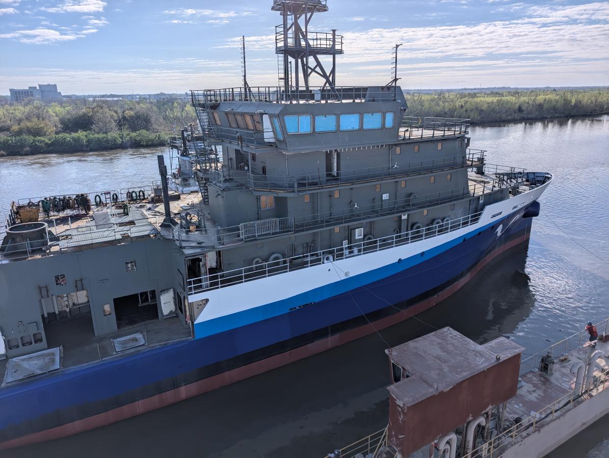 Discoverer, a new ship being built for NOAA, is launched into the water. 