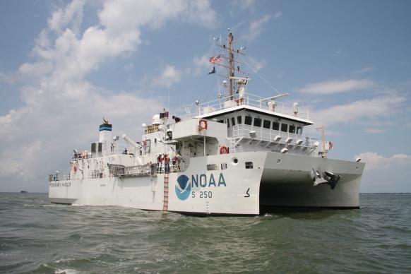 NOAA Ship Ferdinand R. Hassler, a hyrdographic survey vessel, gets underway near Norfolk, Va