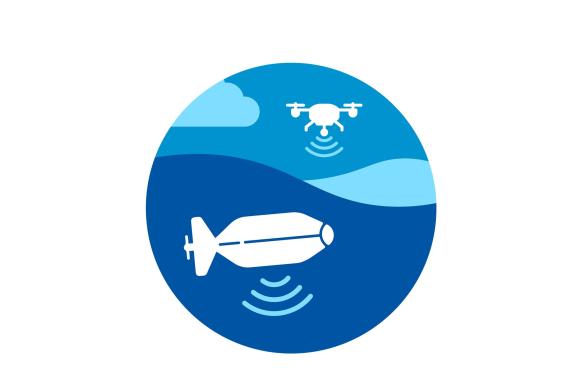 Illustration of uncrewed aircraft in the air and uncrewed marine system under water