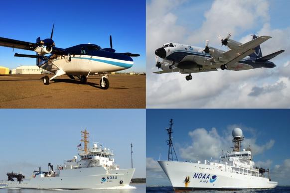 A collage with two aircraft on top and two ships on the bottom