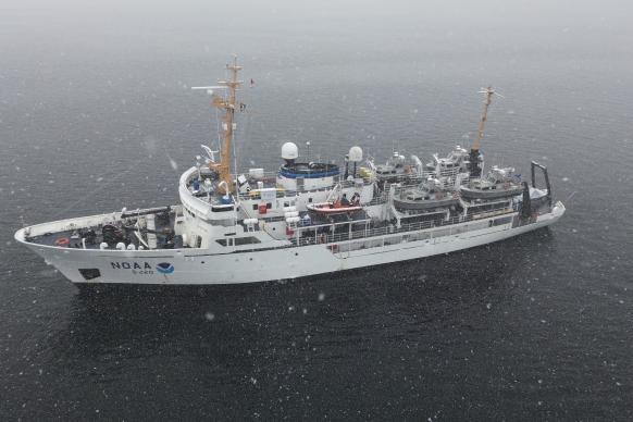 NOAA Ship Fairweather in snowy Alaska waters.
