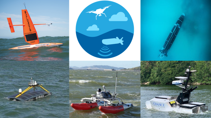 A collage showing a Saildrone, an uncrewed underwater vehicle, and three uncrewed surface vehicles