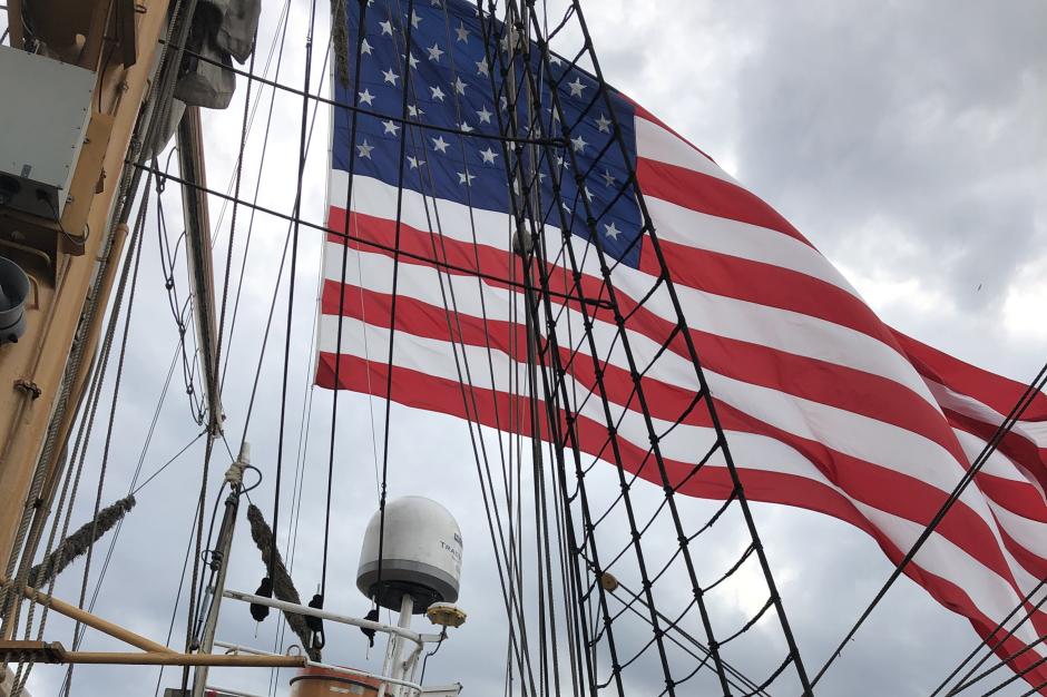 Anna Gordon on USCG Eagle, May 2022, Norfolk VA under a US flag