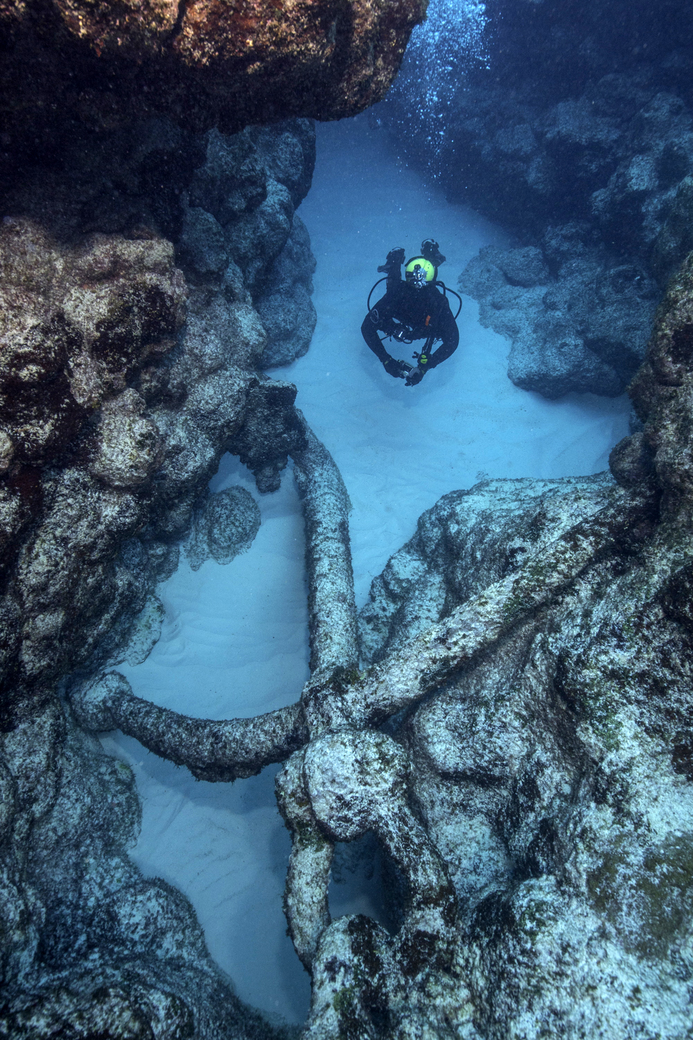 A diver examines a massive anchor underwater