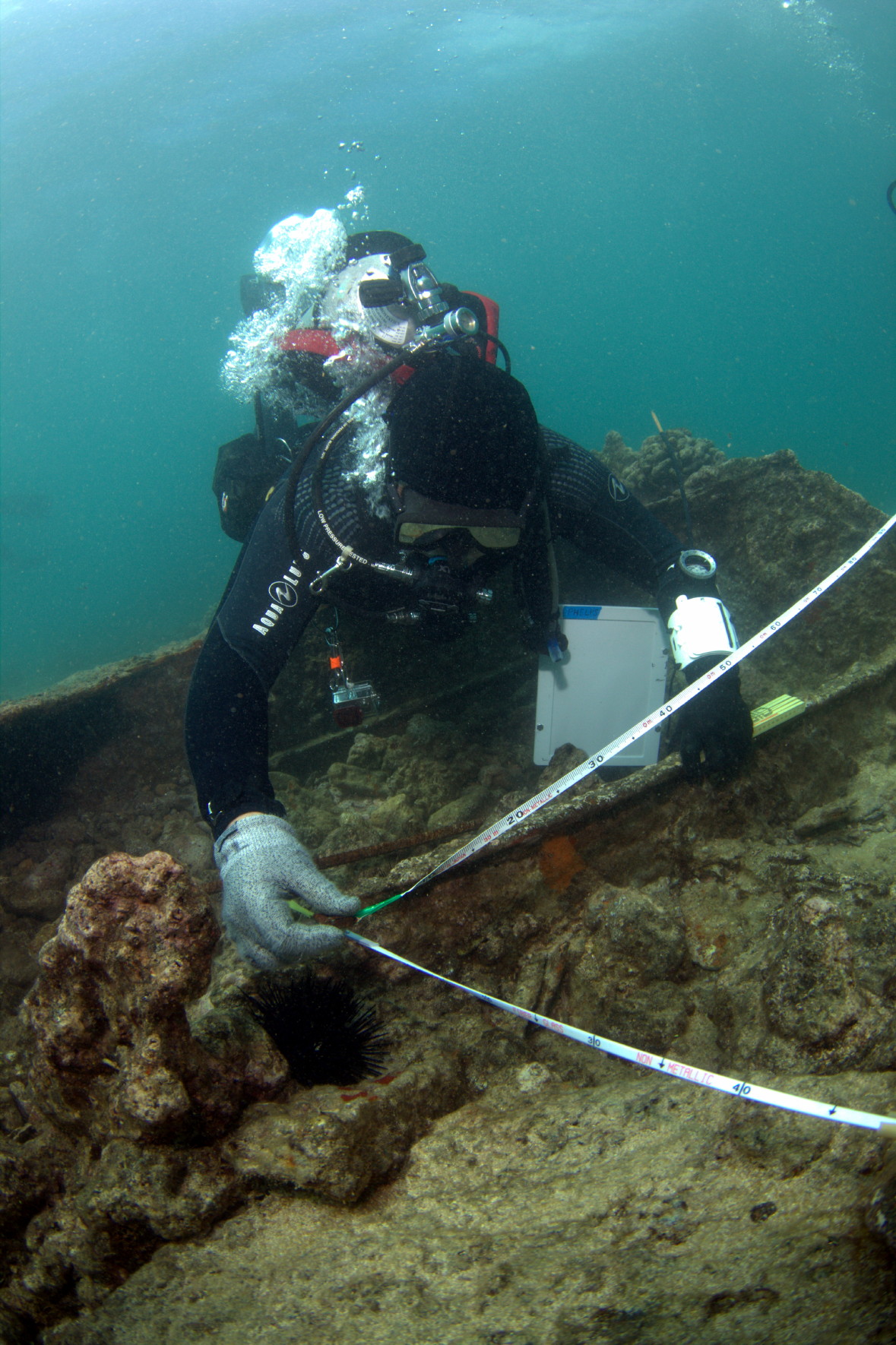 A diver taking measurements at an archaeological site