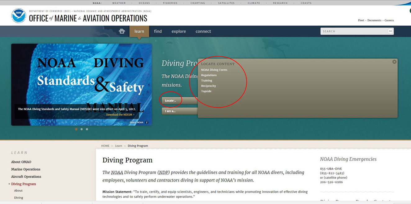 screen shot of the locate submenu