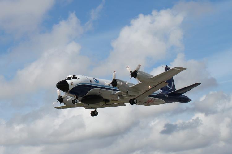 NOAA Lockheed WP-3D Orion "hurricane hunter" aircraft (N43RF) departing Lakeland Linder International Airport in Lakeland, Florida