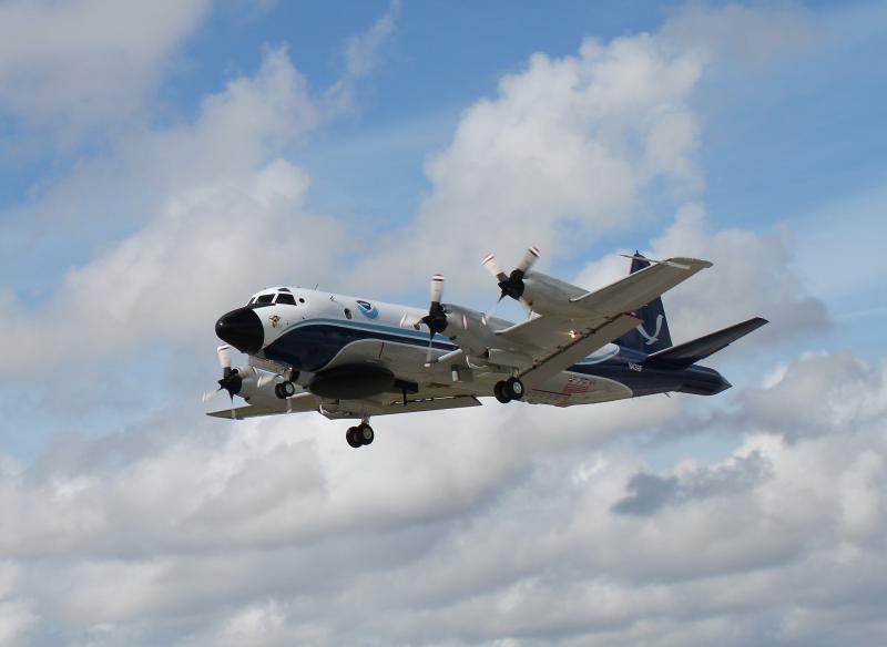 NOAA Lockheed WP-3D Orion "hurricane hunter" aircraft (N43RF) departing Lakeland Linder International Airport in Lakeland, Florida