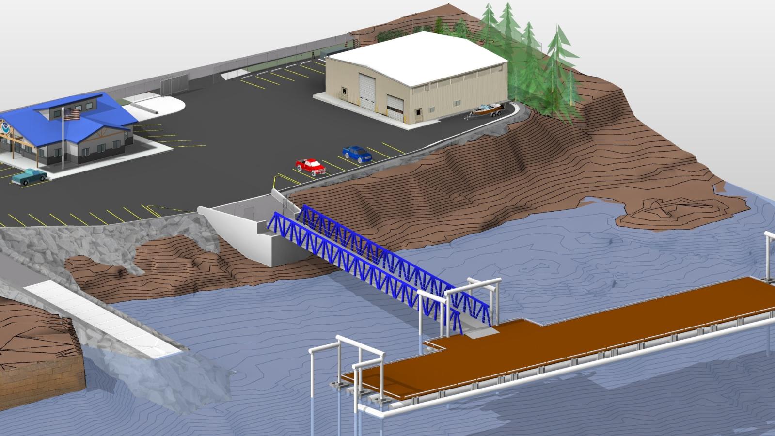 Rendering of NOAA port facility showing buildings and a dock