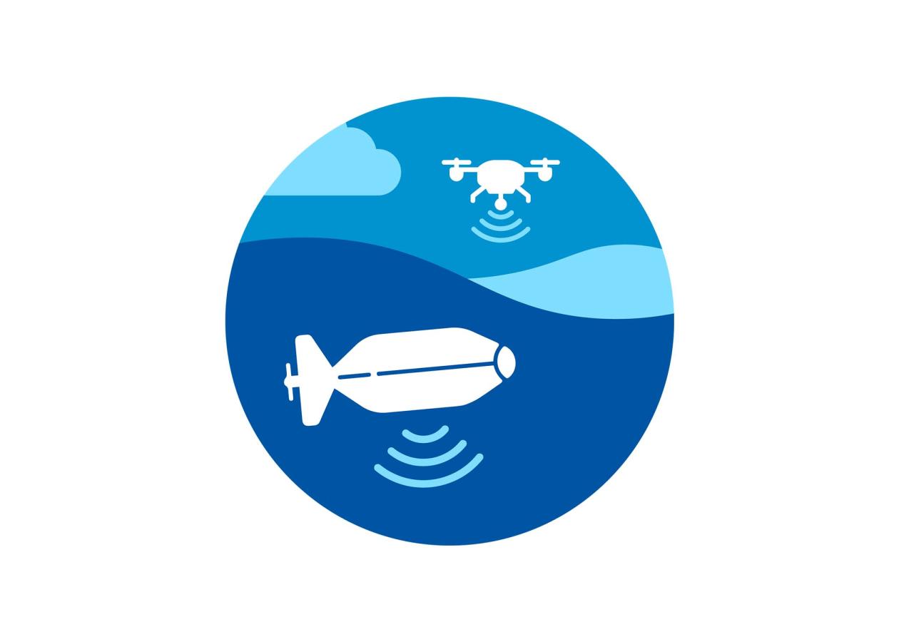 Illustration of uncrewed aircraft in the air and uncrewed marine system under water
