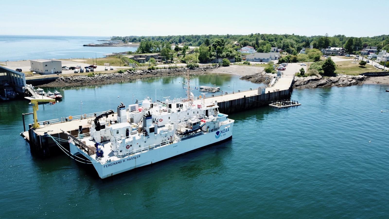 NOAA Ship Ferdinand R Hassler docked in New Castle, NH as seen from the air.