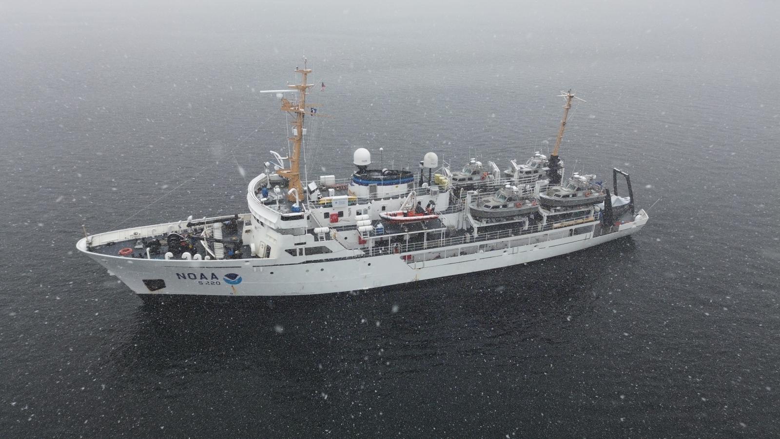 NOAA Ship Fairweather in snowy Alaska waters.