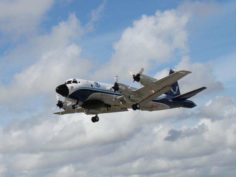 NOAA Lockheed WP-3D Orion "hurricane hunter" aircraft (N43RF) departing Lakeland Linder International Airport in Lakeland, Florida