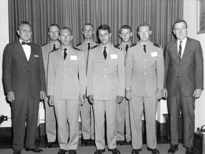 (left to right) Adm. Karo, Donald G. Popejoy, Rolland L. Lech, Eugene A. Jones, Robert A. Ganse, Jon W. Drosendahl, David V. Si