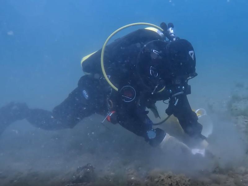 A scuba diver taking a sample from the bottom of a lake