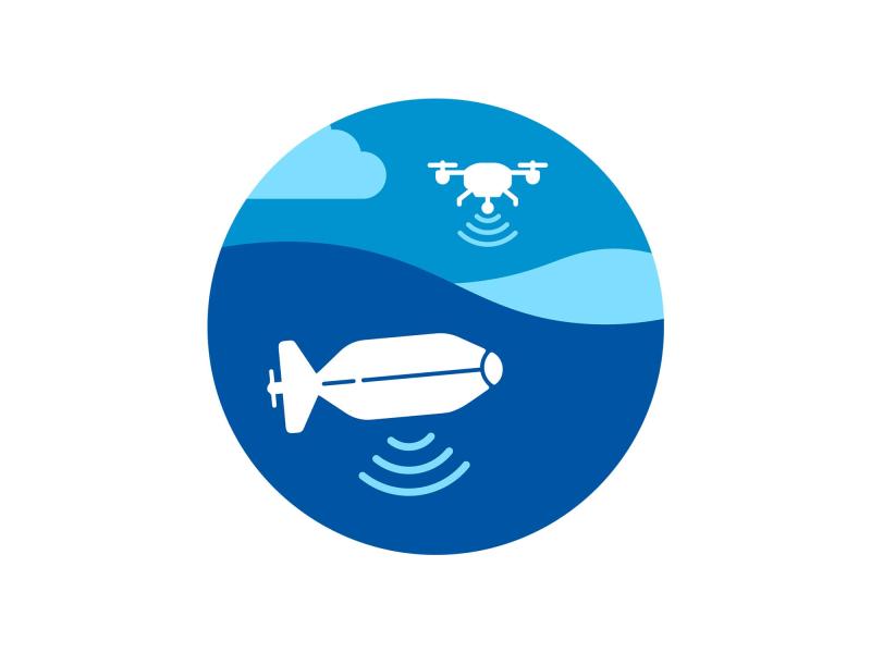 Illustration of uncrewed aircraft in the air and uncrewed marine system under water