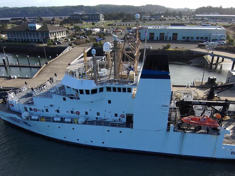 NOAA Ship Bell M. Shimada tied up to the pier at the NOAA Marine Operations Center Pacific