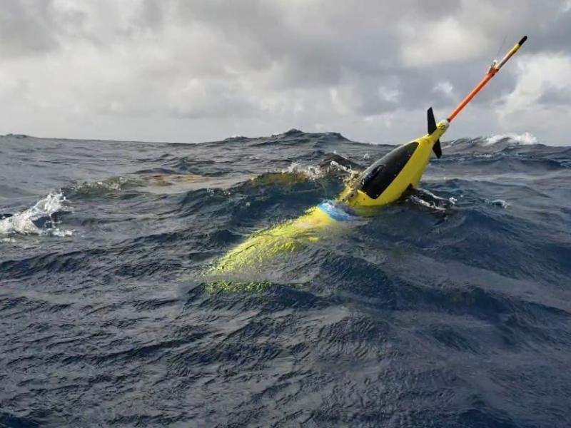 A yellow glider bobs at the surface of the ocean.
