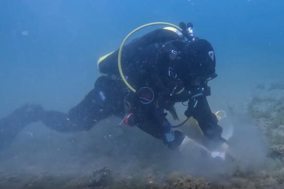 A scuba diver taking a sample from the bottom of a lake