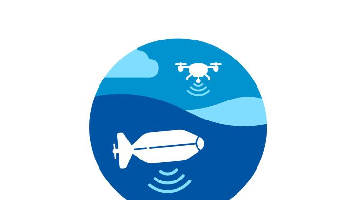 Illustration of uncrewed aircraft in the air and uncrewed marine system under water