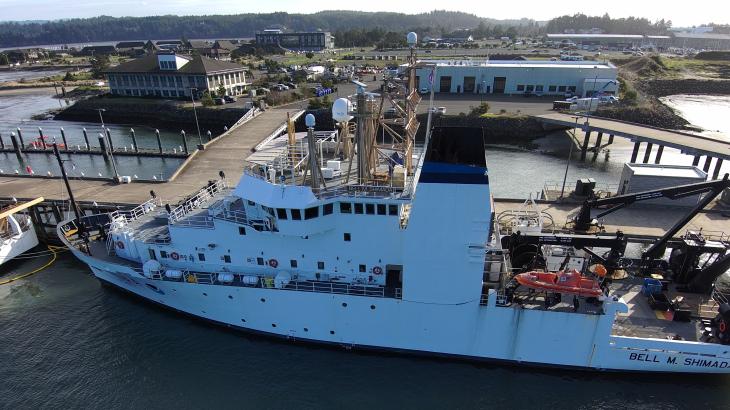 NOAA Ship Bell M. Shimada tied up to the pier at the NOAA Marine Operations Center Pacific