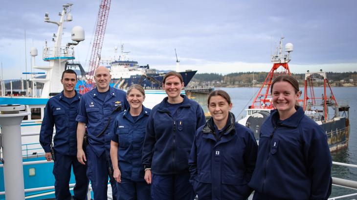 A group of NOAA Corps officers aboard Ship Bell M. Shimada after docking in Anacortes, Washington
