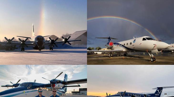 A collage of four photos of NOAA's different aircaft in different weather conditions to illustrate that their is no off-season for science and NOAA's aircraft.