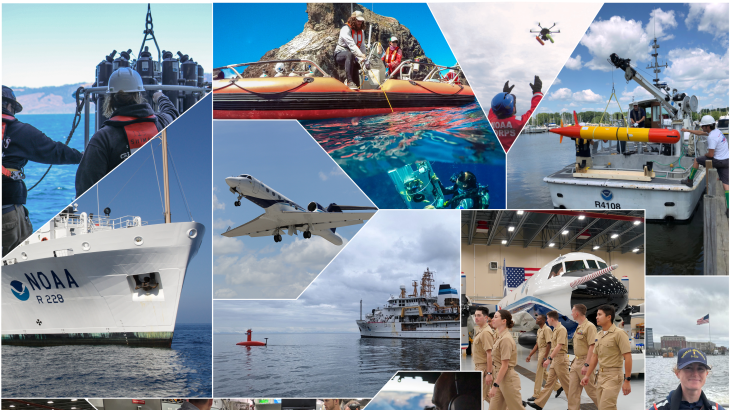 Collage of pictures of NOAA ships, planes, uncrewed systems, and workforce in action
