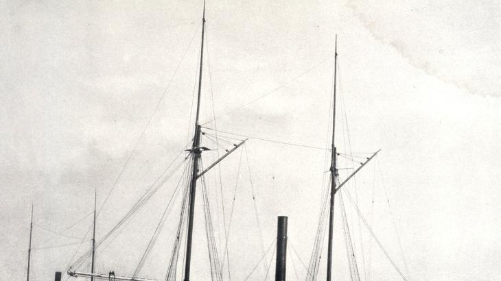 A black and white photo of the Coast and Geodetic Survey steamer BLAKE at a dock
