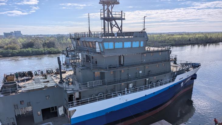 Discoverer, a new ship being built for NOAA, is launched into the water. 