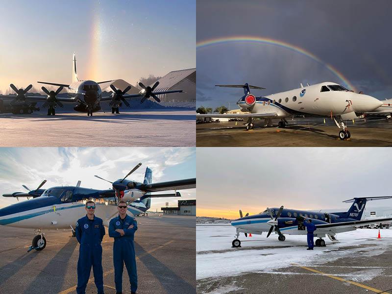 A collage of four photos of NOAA's different aircaft in different weather conditions to illustrate that their is no off-season for science and NOAA's aircraft.