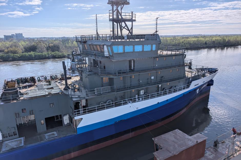 Discoverer, a new ship being built for NOAA, is launched into the water. 